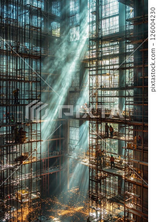 Dramatic sunlit construction site with scaffolding and welding sparks in industrial interior Dramatic sunlit construction site with scaffolding and welding sparks in industrial interior 126004230