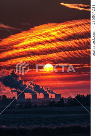 Dramatic sunset over industrial landscape with striking cloud patterns and smokestacks 126004231
