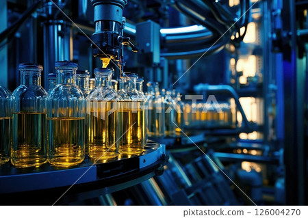 Automated industrial bottling process with precision machinery and luminous yellow liquid in factory setting Automated industrial bottling process with precision machinery and luminous yellow liquid in factory setting 126004270