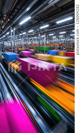 Dynamic motion of colorful conveyor belt in modern industrial warehouse setting Dynamic motion of colorful conveyor belt in modern industrial warehouse setting 126004282