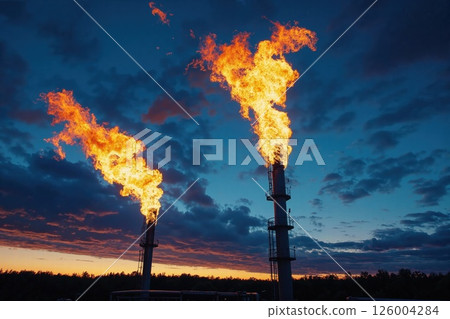Fiery sunset over industrial gas flares with dramatic skies for energy and environment themes Fiery sunset over industrial gas flares with dramatic skies for energy and environment themes 126004284