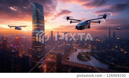 Futuristic urban drone skyline at sunset - smart city transportation innovation 126004292