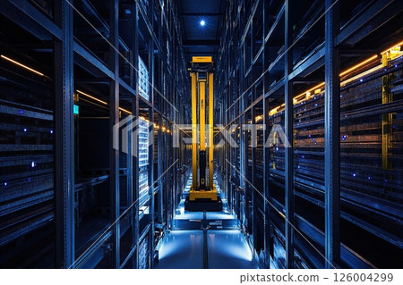 Futuristic data center with automated rack system in neon lighting for advanced technology and ai applications 126004299