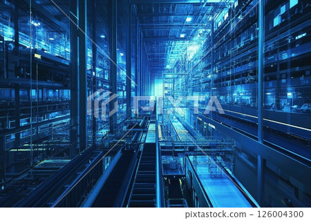 Futuristic industrial interior with blue neon glow for technology and innovation concepts 126004300