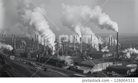 Industrial factory landscape and pollution with smokestacks and emissions Industrial factory landscape and pollution with smokestacks and emissions 126004313