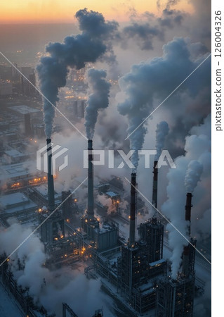 Industrial smoke at dawn - environmental impact on urban landscape and climate change Industrial smoke at dawn - environmental impact on urban landscape and climate change 126004326