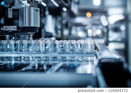 Advanced manufacturing: precision glass bottle production in high-tech facility with robotic automation 126004372