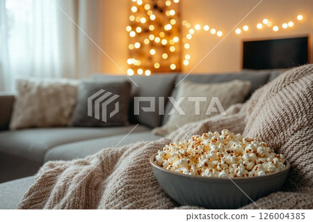 Cozy winter movie night with warm blankets and popcorn bowl in ambient living room setting Cozy winter movie night with warm blankets and popcorn bowl in ambient living room setting 126004385