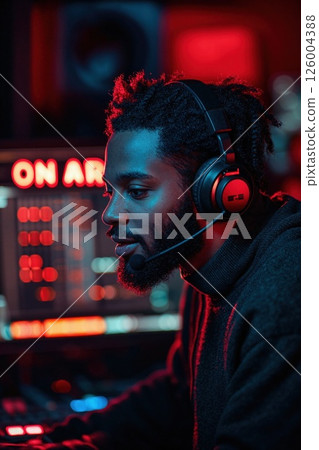 Dynamic podcast studio scene with focused host wearing headset in neon red and blue lighting 126004388