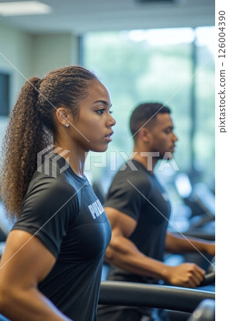 Fitness motivation: young adults focused on cardio workout in modern gym setting Fitness motivation: young adults focused on cardio workout in modern gym setting 126004390