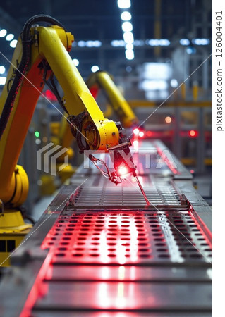 Advanced robotic arm in high-tech manufacturing environment illuminated by industrial lighting for futuristic automation and precision engineering 126004401