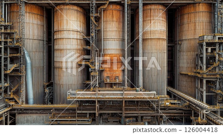 Industrial majesty: rusty silos and pipes in a symmetrical industrial complex with steel architecture and urban decay appeal 126004418