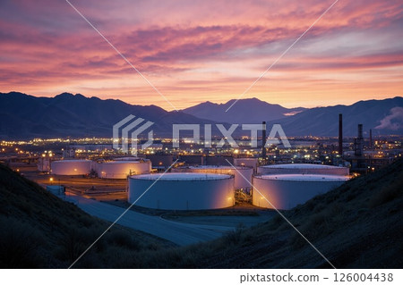 Majestic sunset over industrial oil refinery with silhouetted mountains and illuminated tanks 126004438