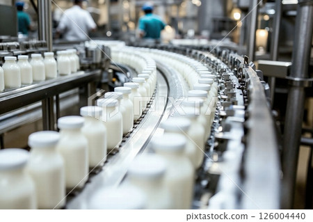 Modern dairy production line in action: efficient milk bottling process for quality assurance and sustainability in food manufacturing industries 126004440