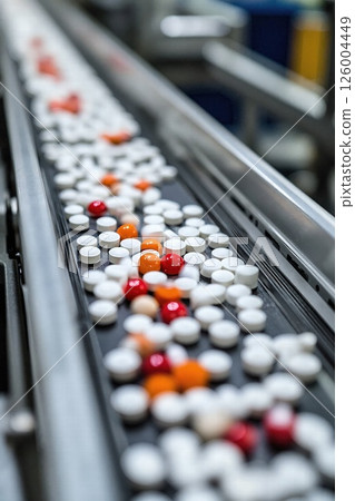 Pharmaceutical production line: colorful pills and capsules on conveyor belt for medicine manufacturing and distribution Pharmaceutical production line: colorful pills and capsules on conveyor belt for medicine manufacturing and distribution 126004449