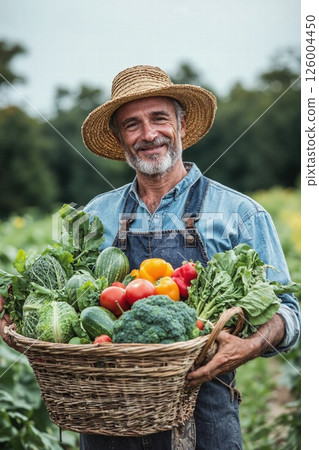 Rustic farmer with harvest of fresh organic vegetables in countryside garden for sustainable living and farm-to-table concepts 126004450