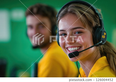 Smiling customer service team in headsets engaged in communication Smiling customer service team in headsets engaged in communication 126004452
