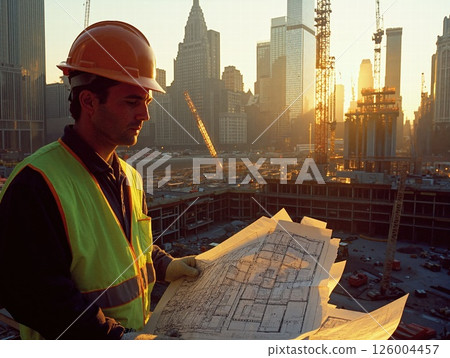 Urban construction at sunset - architect analyzing cityscape blueprint for modern infrastructure development Urban construction at sunset - architect analyzing cityscape blueprint for modern infrastructure development 126004457