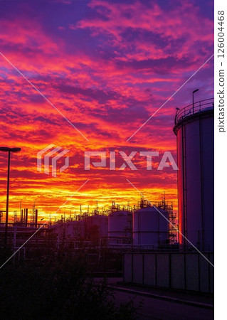 Vibrant sunset over industrial silhouette: dramatic sky colors reflecting urban energy progress Vibrant sunset over industrial silhouette: dramatic sky colors reflecting urban energy progress 126004468