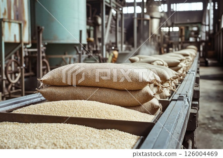 Vintage industrial grain processing scene with burlap sacks in a factory setting Vintage industrial grain processing scene with burlap sacks in a factory setting 126004469
