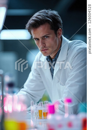 Analytical scientist in modern laboratory with test tubes for research and innovation 126004528