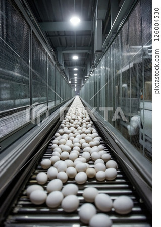 Automated egg production line in modern facility with conveyor belt and industrial lighting 126004530