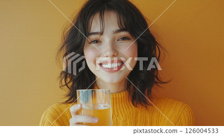 Cheerful woman enjoying refreshing beverage against vibrant orange backdrop for lifestyle and wellness themes 126004533