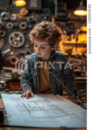 Curious child engineer in workshop examining blueprint with mechanical background 126004536
