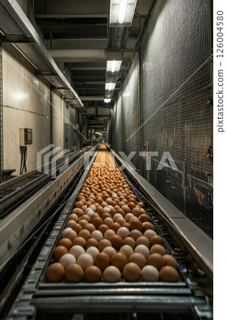 Industrial egg conveyor belt in factory setting for production and distribution process 126004580