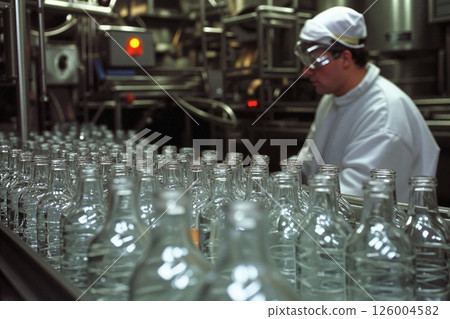 Industrial glass bottle production line with worker in protective gear in factory setting for manufacturing and quality control Industrial glass bottle production line with worker in protective gear in factory setting for manufacturing and quality control 126004582
