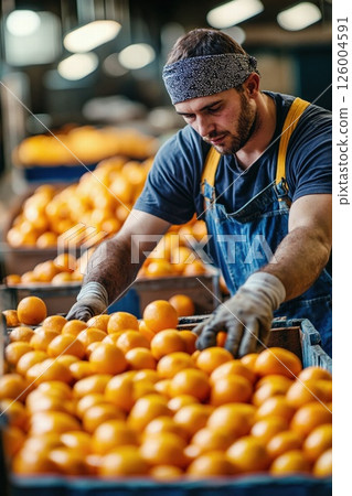 Industrious worker sorting vibrant oranges in warehouse for fresh produce market distribution 126004591