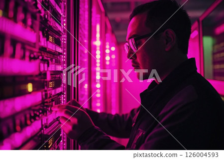 Innovative data center operations with neon lighting for high-tech workflow and it management 126004593
