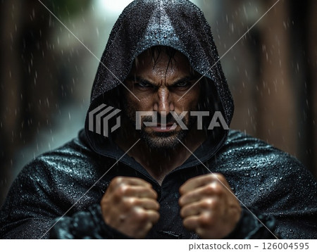 Intense focus under rainfall: determined hooded man in dramatic urban setting 126004595