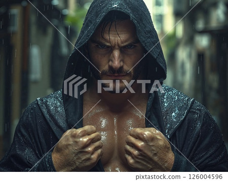 Intense portrait of determined athlete in rainy urban alley with hooded jacket 126004596