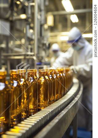 Pharmaceutical production line with amber bottles in modern factory environment 126004604