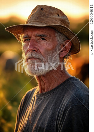 Rustic farmer portrait with golden sunset emphasizes rural lifestyle and resilience 126004611