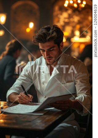 Talented chef crafting new culinary creations in elegant restaurant ambience 126004619