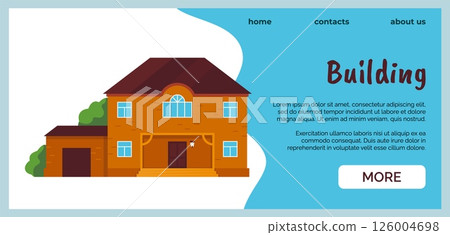Home exterior. Realtor agency landing page. Real estate website design template. Residential building construction. Residence rent. Rental mansion. Mortgage debt. Vector background Home exterior. Realtor agency landing page. Real estate website design template. Residential building construction. Residence rent. Rental mansion. Mortgage debt. Vector background 126004698