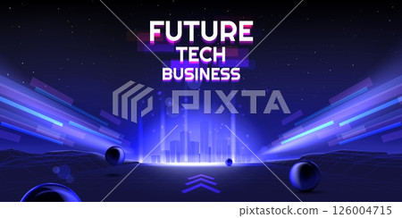 Digital technology. Future tech business background, light line earth innovation in science. Metaverse energy elements, neon effect. Hologram skyscrapers, cyberspace digital view vector concept 126004715