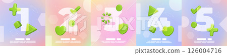 3d infographic icons. Math number and plus symbols. Glassmorphism sphere for eco slide. Gradient loading mockup. Render morphism shapes. Matte texture numeral signs. Vector banners set 126004716
