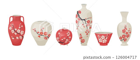 3d vase. White Japanese ceramic with traditional floral decoration. Chinese sakura art. Porcelain bowl. China style ornament. Japan branch with flowers. Botanical design pots vector set 126004717