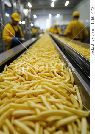 Automated french fry production line in a modern factory setting with workers in yellow uniforms 126004723