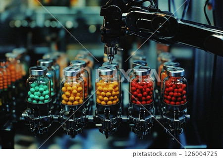 Automated precision in candy production: industrial robotic filling machine with colorful confectionery Automated precision in candy production: industrial robotic filling machine with colorful confectionery 126004725