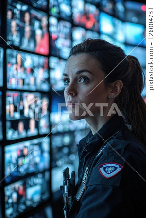 Cyber security surveillance operations center with focused female officer analyzing digital monitors Cyber security surveillance operations center with focused female officer analyzing digital monitors 126004731