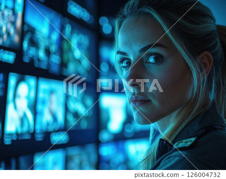 Cybersecurity professional analyzing data on monitors in a blue neon-lit environment Cybersecurity professional analyzing data on monitors in a blue neon-lit environment 126004732
