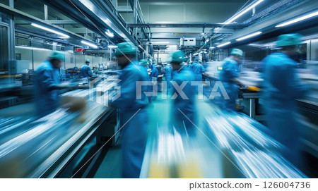 Dynamic assembly line in high-tech factory capturing industrial innovation and efficiency 126004736