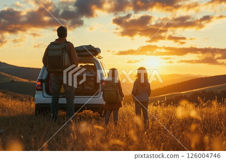 Family adventure in sunset landscape with journey planning and nature exploration theme Family adventure in sunset landscape with journey planning and nature exploration theme 126004746