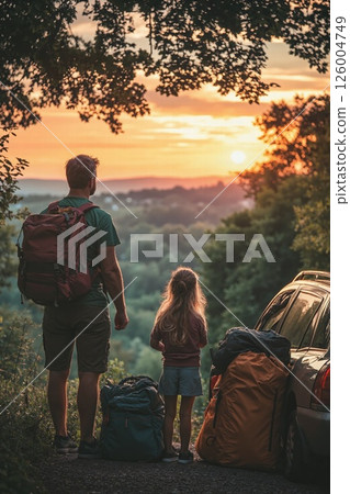 Father and daughter adventure at sunset - nature escape and family bonding 126004749