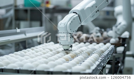 Futuristic industrial automation: robotic arm sorting eggs in modern food production facility 126004756