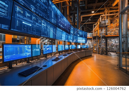 High-tech industrial control room with multiple monitors for advanced process management 126004762